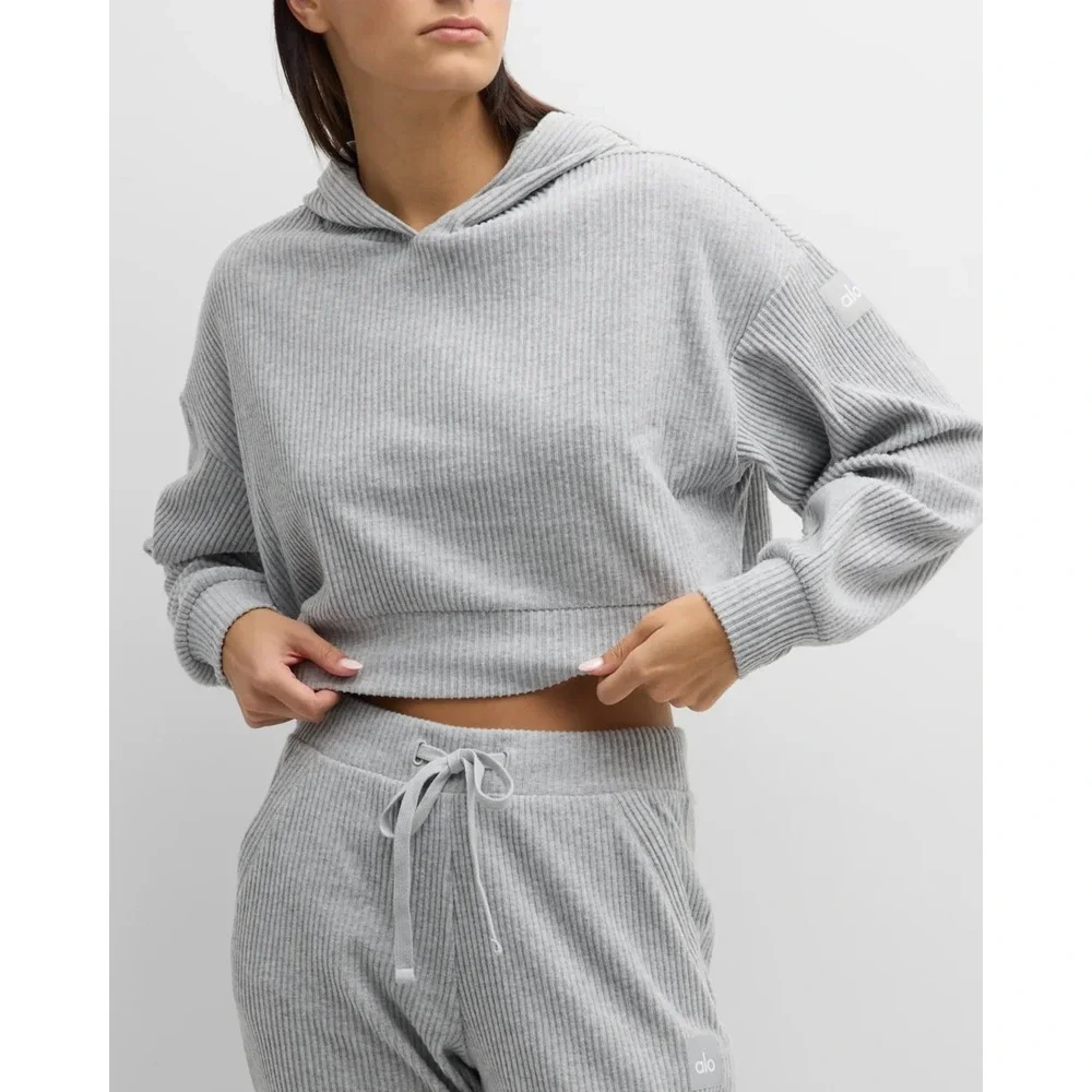 Alo Yoga Muse Ribbed Hoodie Sweatshirt Heather Grey Cropped Pullover Small‎